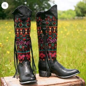 Johnny Ringo Sagrada Black Colorful Embroidered Tall Fringe Western Cowboy Boots